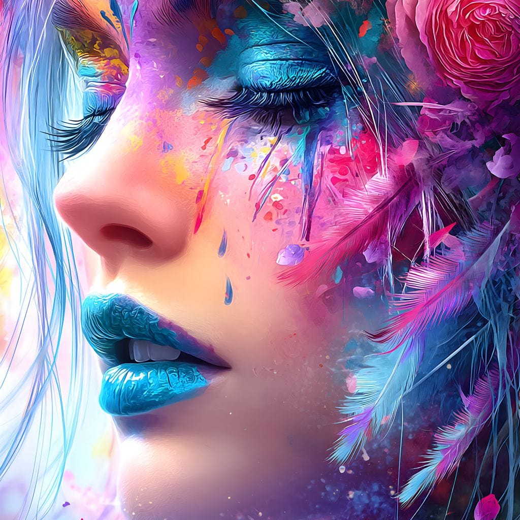 Tablou Canvas Premium, LuxCanva® G1164, Fantezie Florala, Cromatic, Culori, Vis, Explozie, Emotii, Floral, Pleoape, Albastre, Pene, Machiaj, Par, Artistic, Salon, Birou, Living, Dormitor