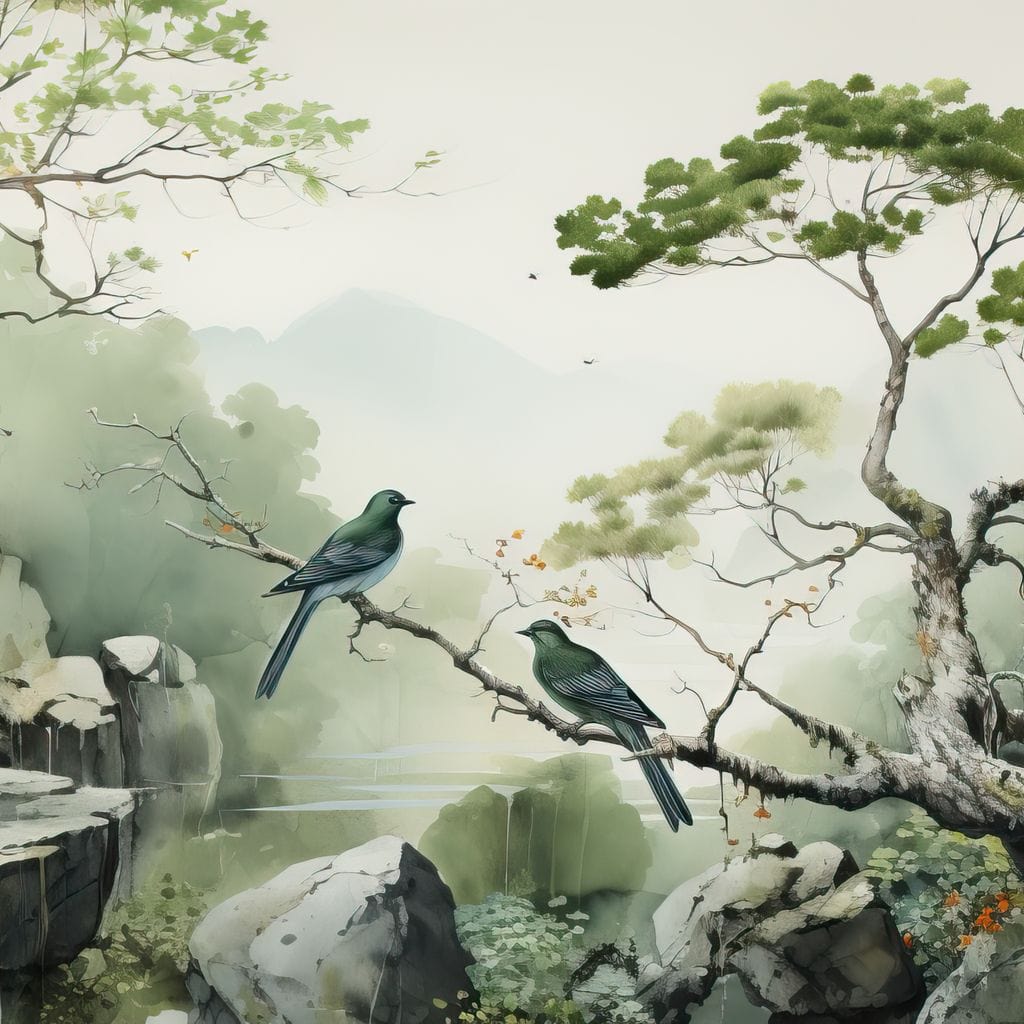 tablou canvas cu doua pasari pe creanga intr-un peisaj cu stanci si copaci, in tonuri verzi si gri