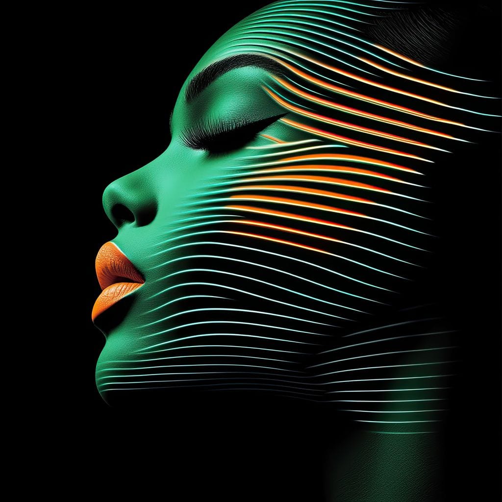 Tablou Canvas Premium, LuxCanva® G1159, Metamorfoza Verdelui, Modern, Expresiv, Portret, Verde, Negru, Futurist, Culori, Efecte, Vibrante, Optic, Raze, Profil, Femeie, Birou, Living, Dormitor