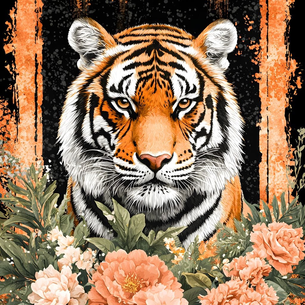 tablou canvas cu un tigru intr-un cadru portocaliu si fundal negru, inconjurat de flori de gradina