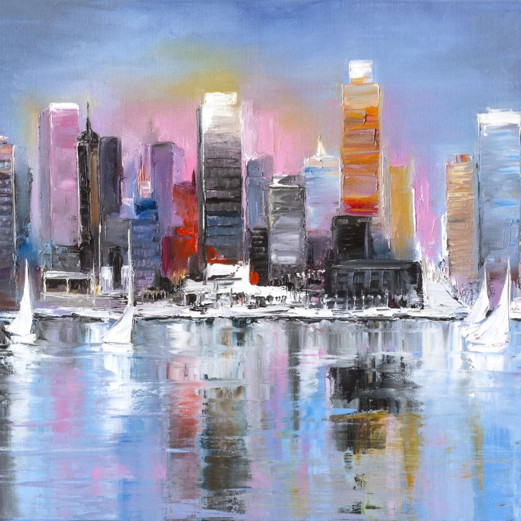 Tablou Canvas Premium, LuxCanva® O1024, Zborul Corabiilor, Pastelat, Senin, Liric, Fluid, Apus, Apa, Vele, Albastru, Roz, Inflacarat, Oglindire, Pictura, Tacere, Urban, Sticlos, Birou, Living, Dormitor