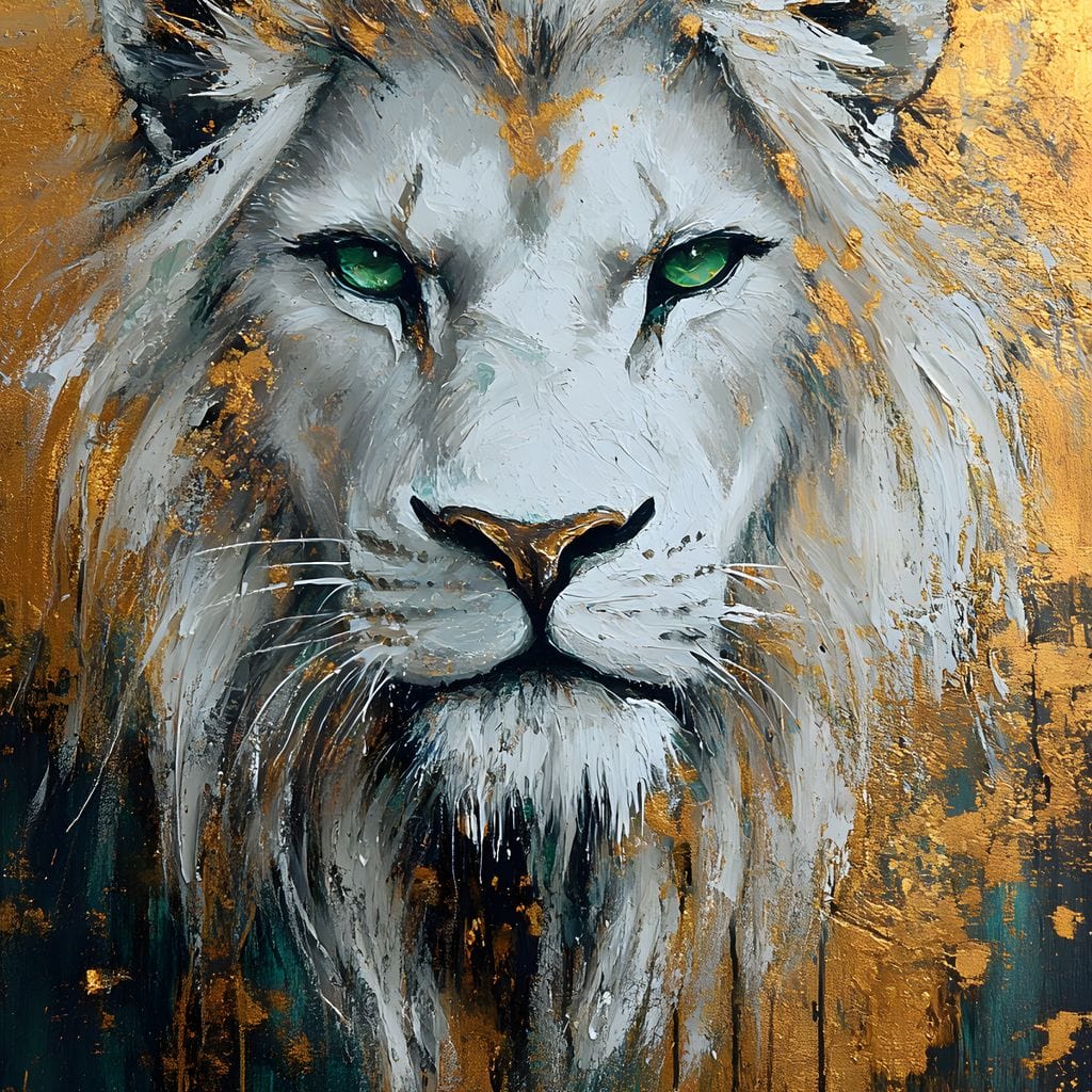 tablou canvas cu un chip de leu alb, pe fundal abstract cu accente aurii si negre