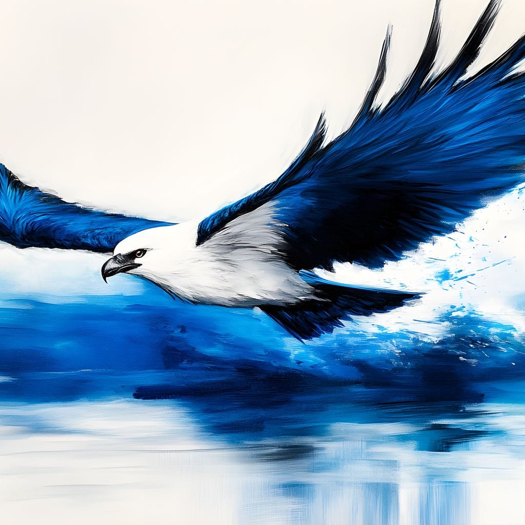 tablou canvas cu un vultur alb si albastru in zbor deasupra apei, pe fundal abstract stil pictura in acuarela