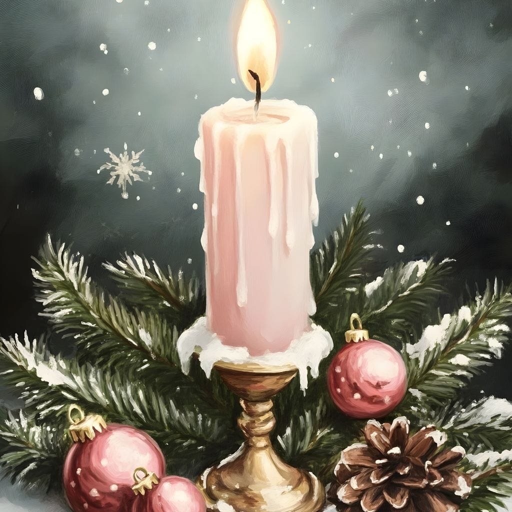 Tablou Canvas Premium, LuxCanva® D1070, Lumina de Craciun, Lumanare, Roz, Globuri, Flacara, Crengute, Brad, Con, Speranta, Caldura, Pace, Liniste, Seara, Spirit, Sfesnic, Camera Copil, Living, Dormitor