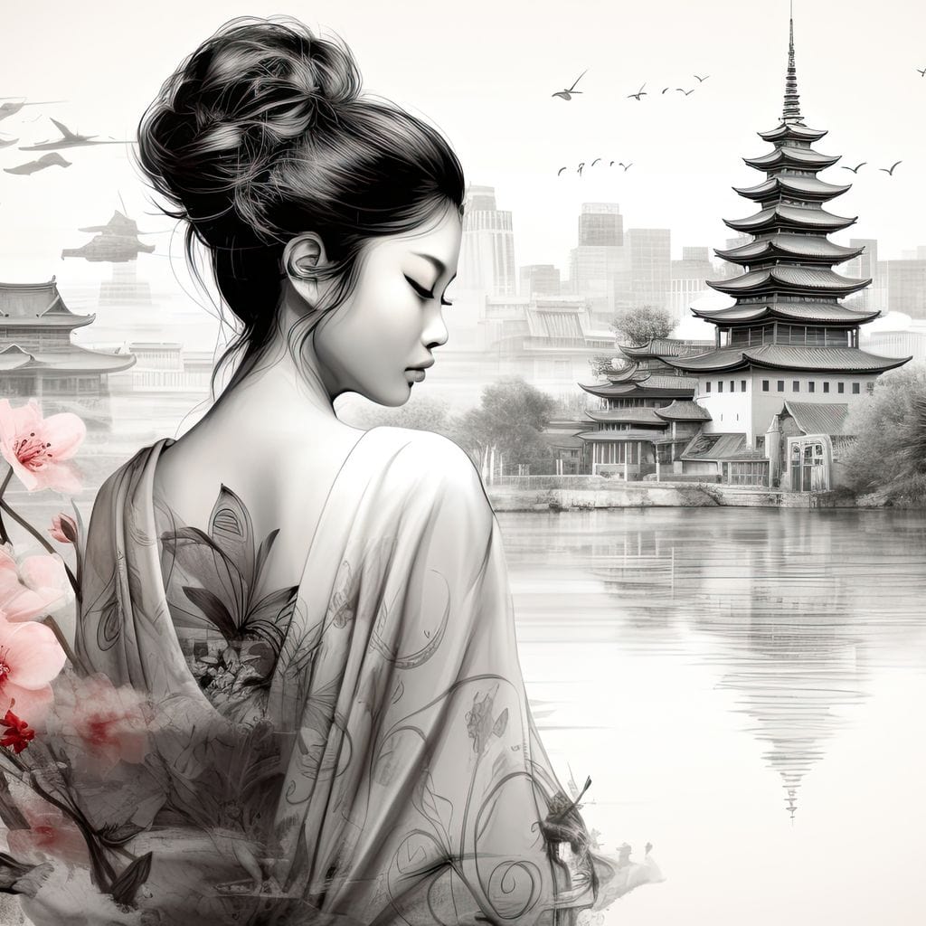 Tablou Canvas Premium LuxCanva® G1063, Memoriile Unei Gheise , Sakura, Tatuaj, Kyoto, Japonia, Frumusete, Trandafiri, Memorii, Living, Dormitor