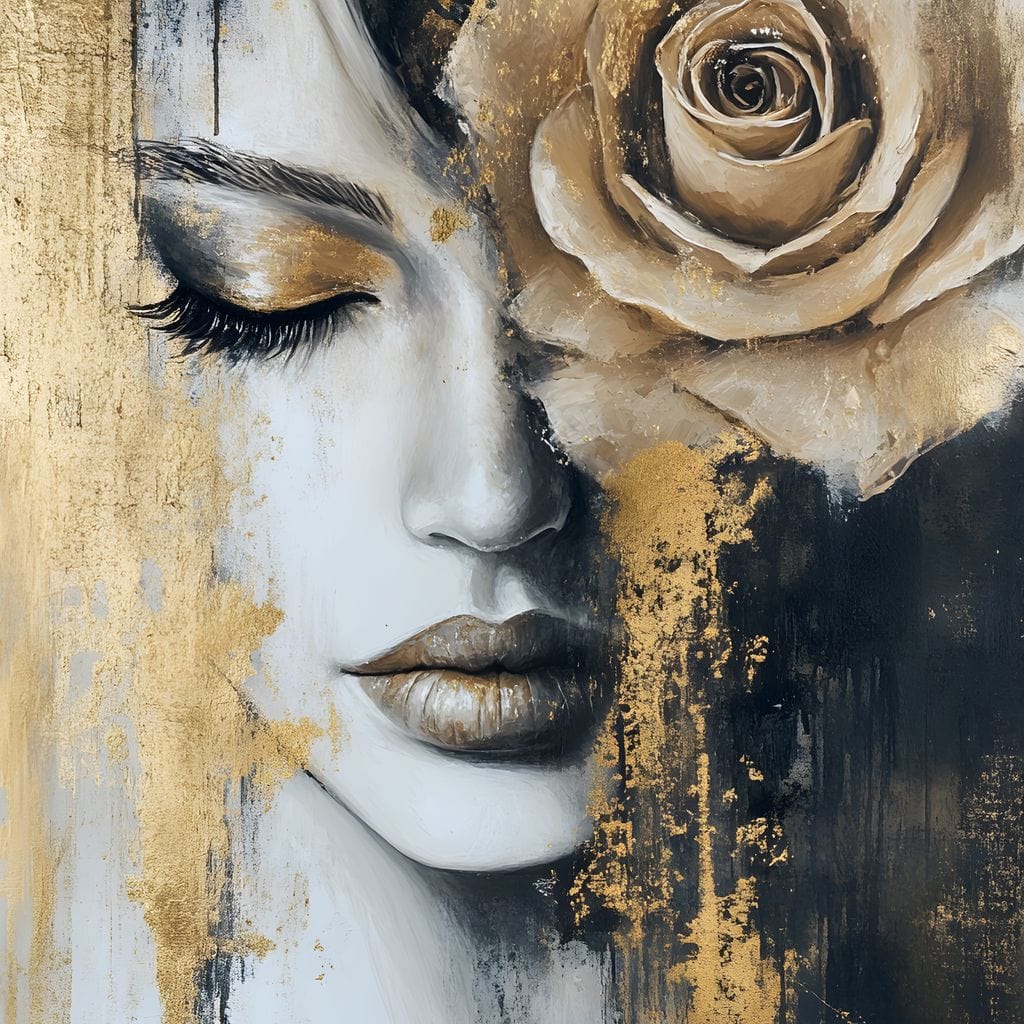 Tablou Canvas Premium, LuxCanva® G1207, Regina muta, Gold, Trandafir, Delicatete, Portret, Fragilitate, Chip, Petale, Umbra, Alchimie, Divin, Taina, Inger, Ochi, Suflet, Salon, Birou, Living, Dormitor