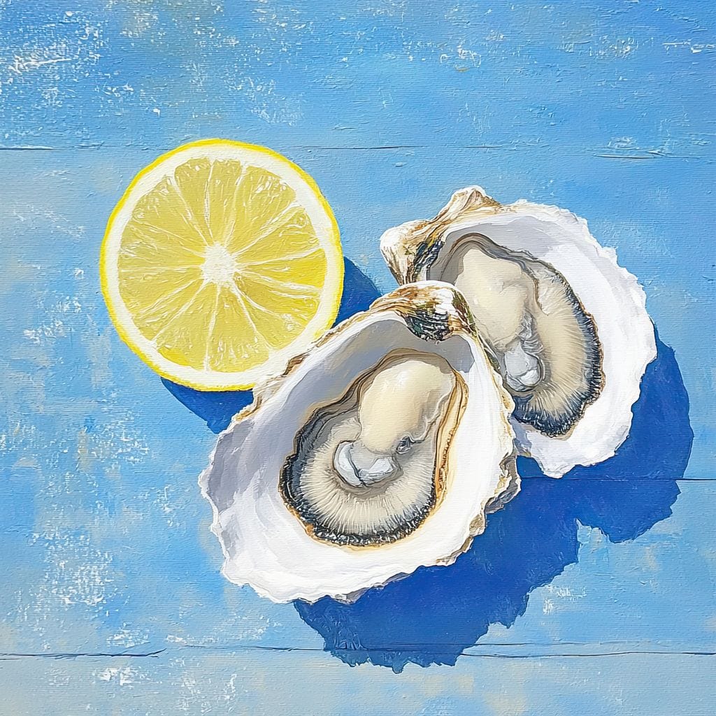 tablou canvas cu doua scoici, stridii si o felie de lamaie pe fundal albastru deschis