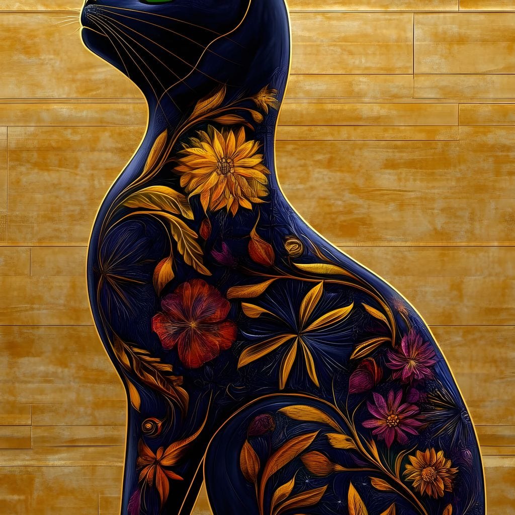 tablou canvas cu o pisica albastra, decorata cu flori in nuante aurii si violet, pe fundal texturat de lemn