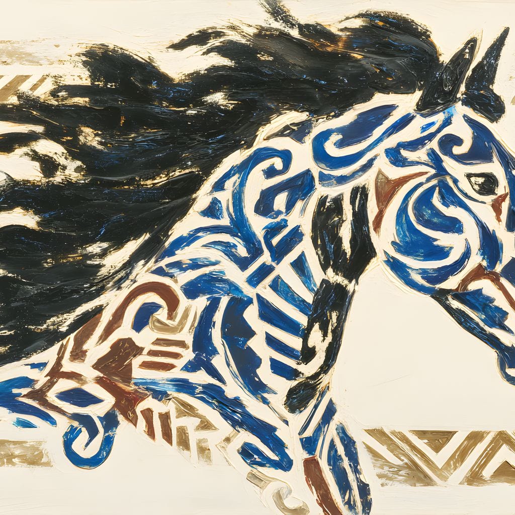 tablou canvas cu un cal pictat in nuante de negru, albastru si maro, pe fundal deschis cu accente aurii 