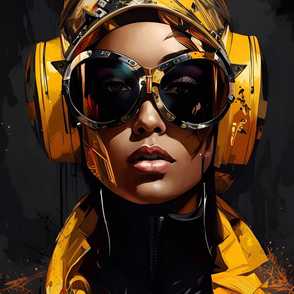 Tablou Canvas Premium, LuxCanva® G1098, Fata Viitorului, Privire, Cyber, Galben, Ochelari, Casti, Urban, Galactic, Avangardist, Living, Dormitor