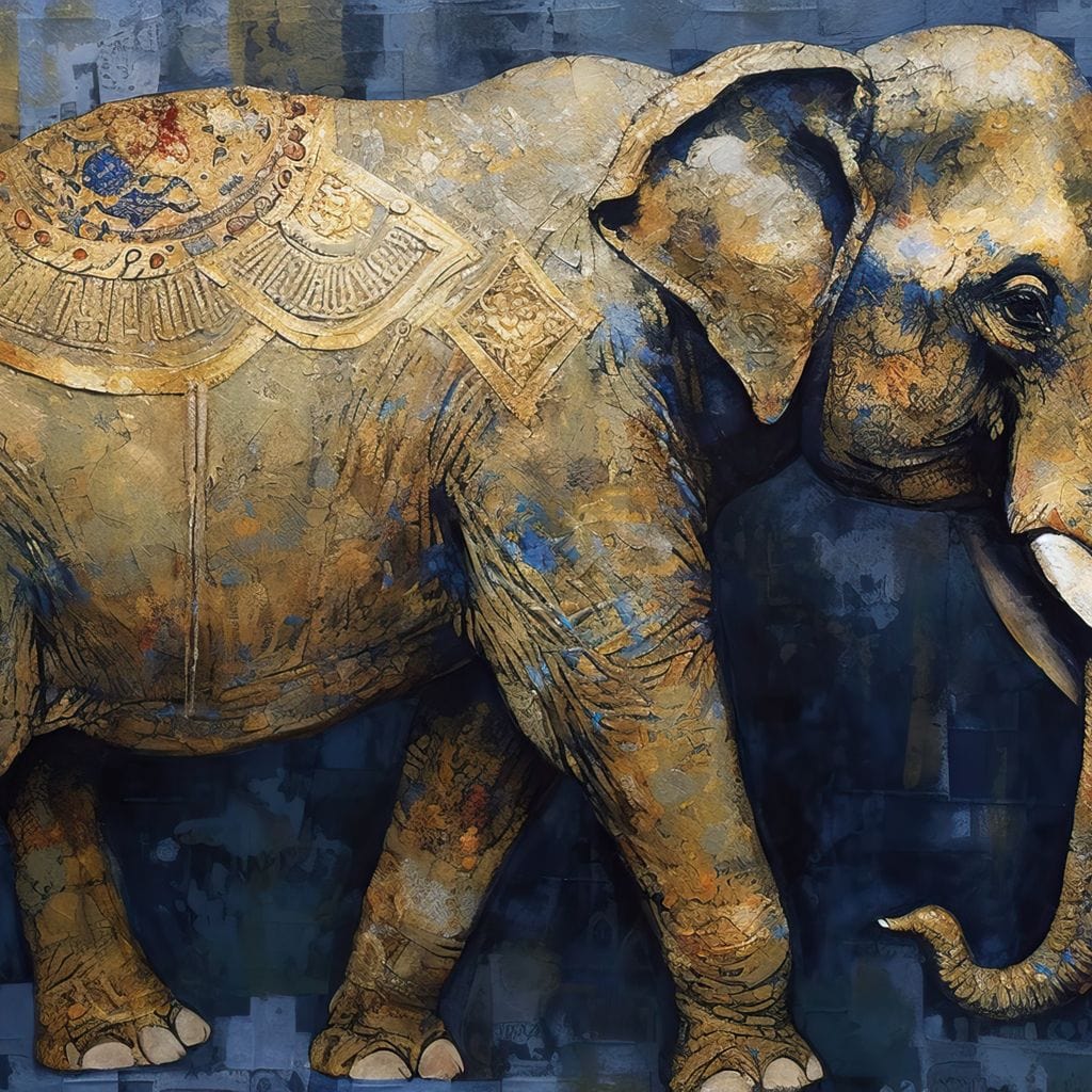 tablou canvas cu un elefant decorat in stil oriental, redat din profil intr-o paleta de tonuri pamantii si albastre, pe fundal texturat