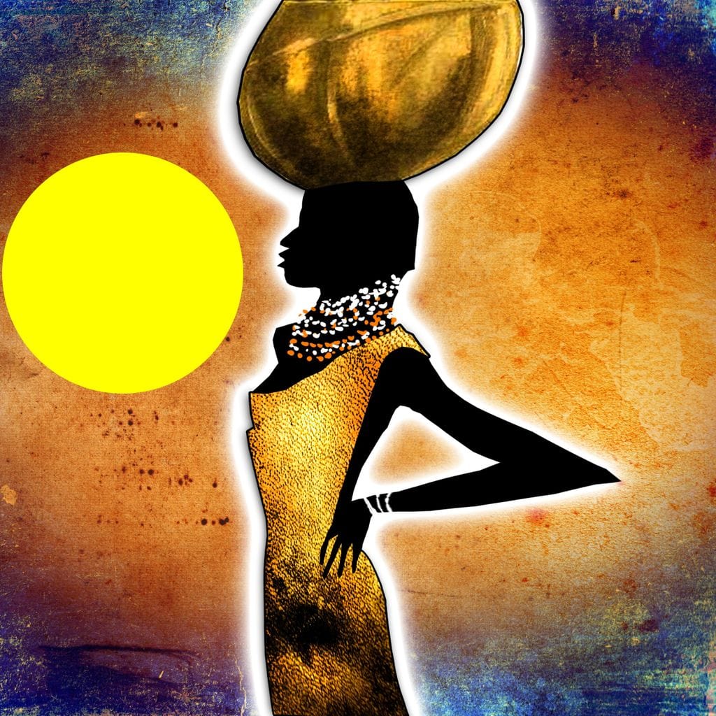 Tablou Canvas Premium LuxCanva® GL1071, Femeia Solara , Soare, Galben, Bijuterii, Apus, Aur, Silueta, Gratie, Trib, Colier, Traditie, Living, Dormitor