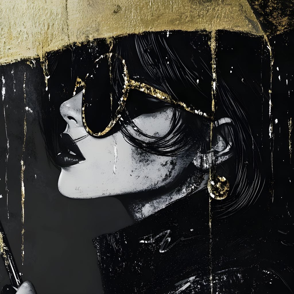 Tablou Canvas Premium, LuxCanva® G1112, Glamour In Ploaie, Picaturi, Umbrela, Gold, Ochelari, Stil, Rafinament, Cinematic, Artista, Living, Dormitor