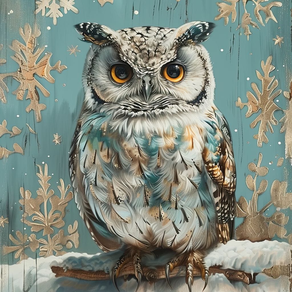 tablou canvas cu o bufnita alba pe o creanga, in decor de iarna cu fulgi de zapada