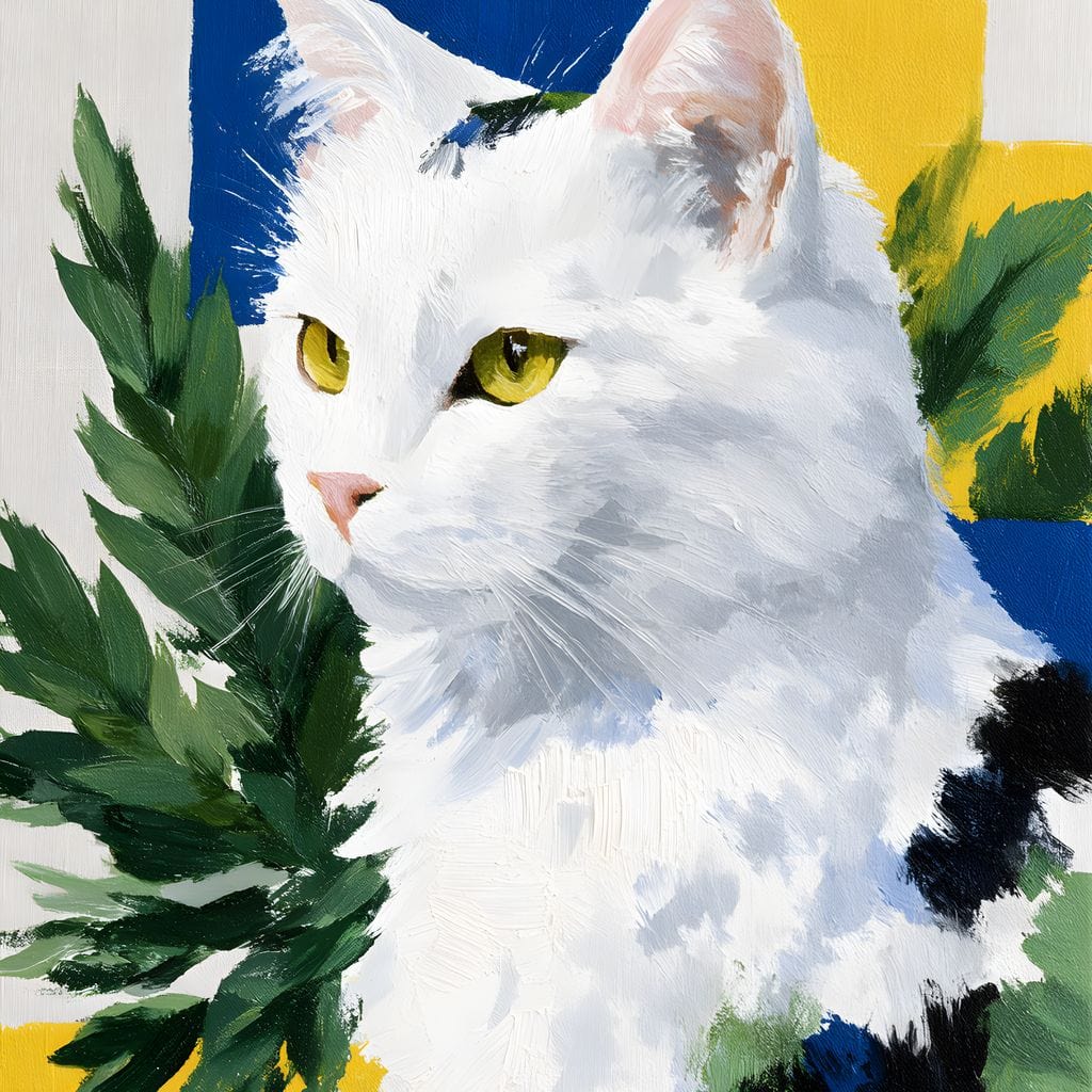 tablou canvas cu o pisica alba cu ochi verzi, printre frunze, pe fundal pictat in dungi albe, albastre si galbene