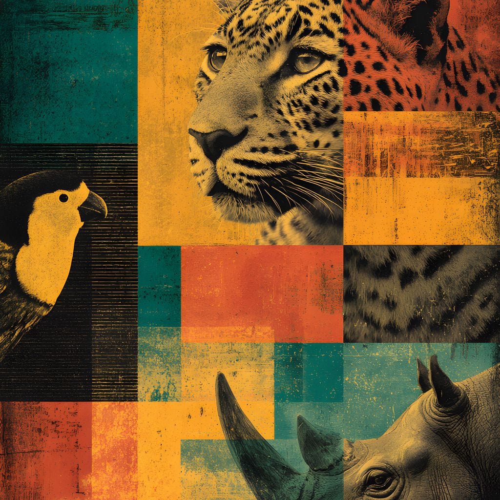 tablou canvas cu un leopard, un rinocer si o pasare exotica, redate intr-un cadru abstract in nuante calde de galben si portocaliu si accente turcoaz