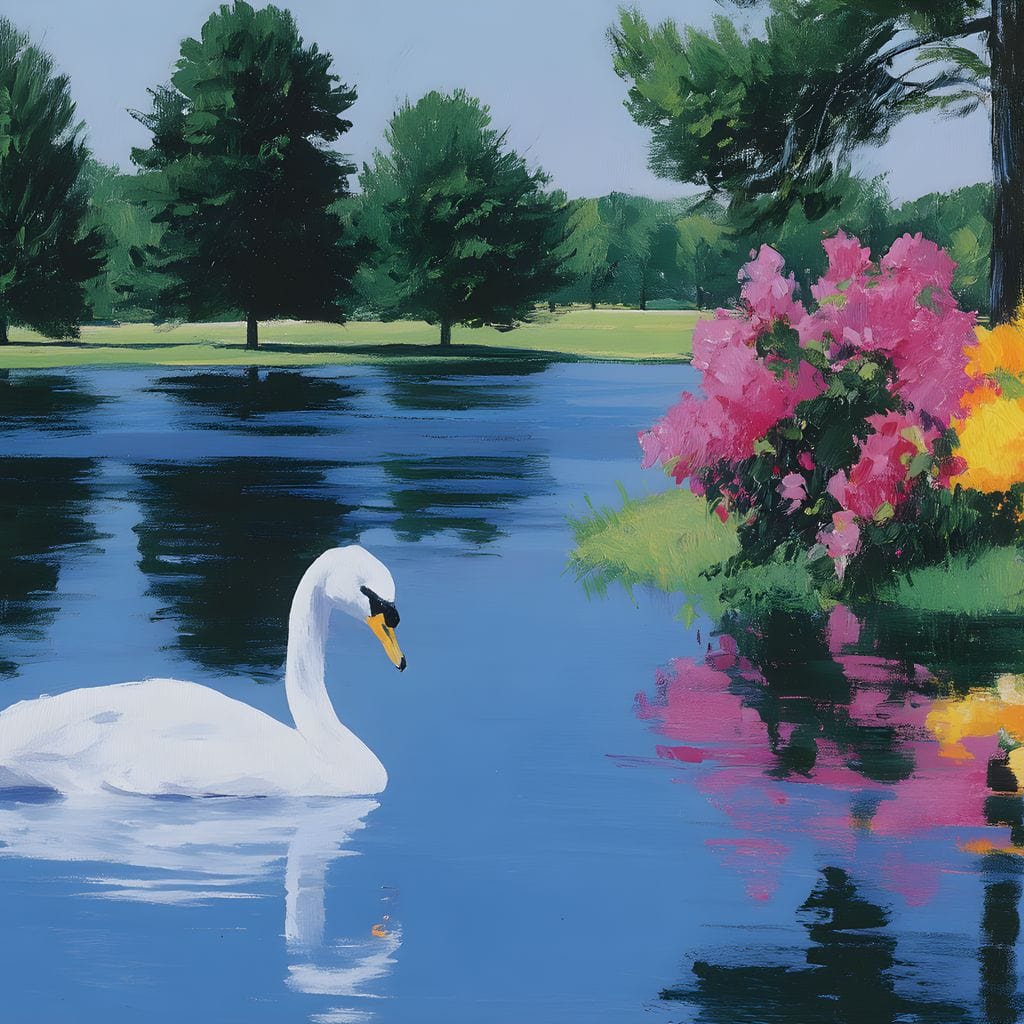 tablou canvas cu o lebada pe un lac albastru, intr-un peisaj cu copaci si flori viu colorate