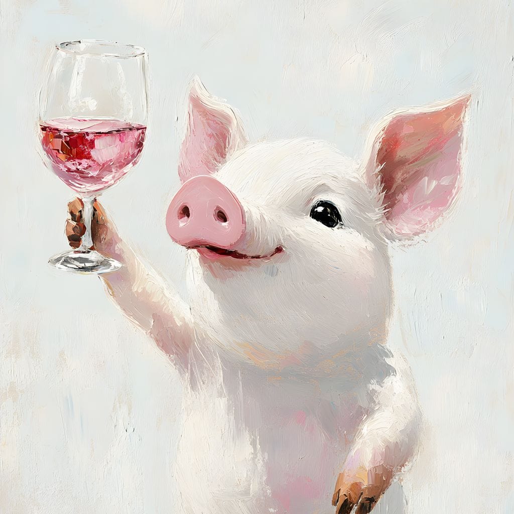 tablou canvas cu un purcelus roz tinand un toast cu un pahar de vin rosu pe fundal deschis