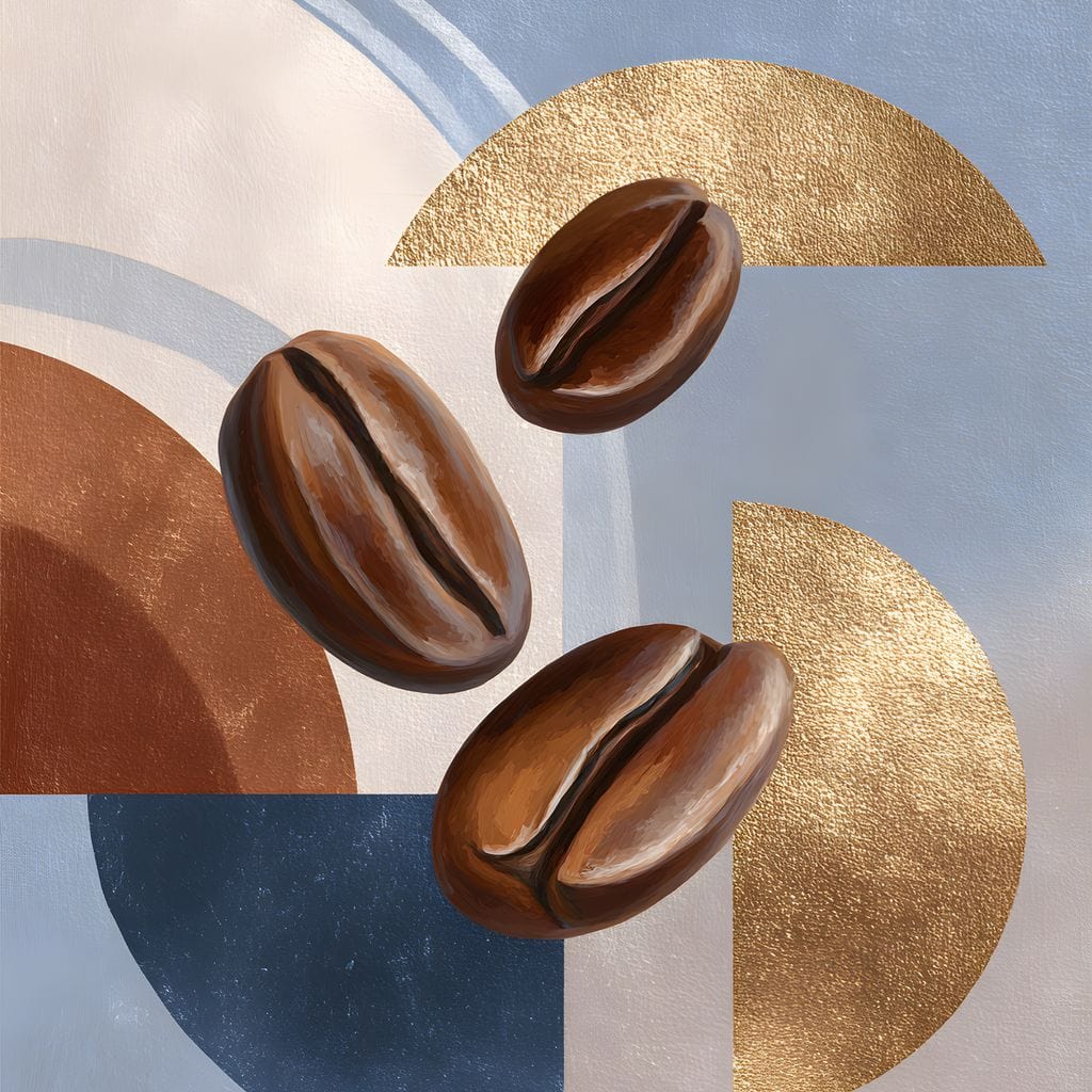 tablou canvas cu trei boabe de cafea pe fundal abstract in nuante reci de albastru in combinatie cu elemente calde, aurii si maro