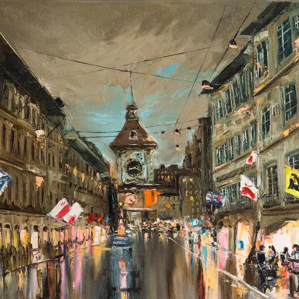 Tablou Canvas Premium, LuxCanva® O1022, Un Ceas in Zare, Istoric, Romantic, Nostalgie, Clasic, Melancolic, Noapte, European, Atmosferic, Ceas, Oras, Vechi, Ploaie, Piata, Turn, Birou, Living,