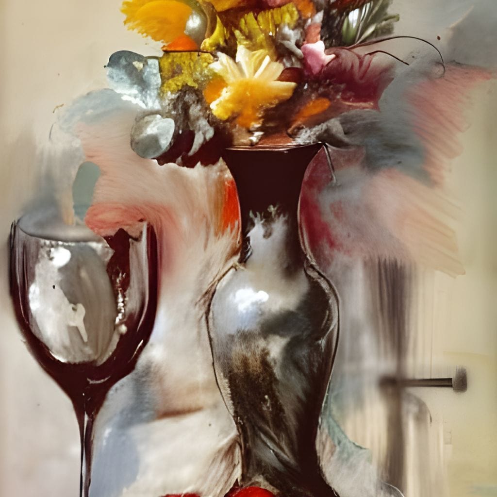 tablou canvas cu o vaza cu flori multicolore, pe o masa cu fructe rosii si un pahar de vin, pictate in stil rustic