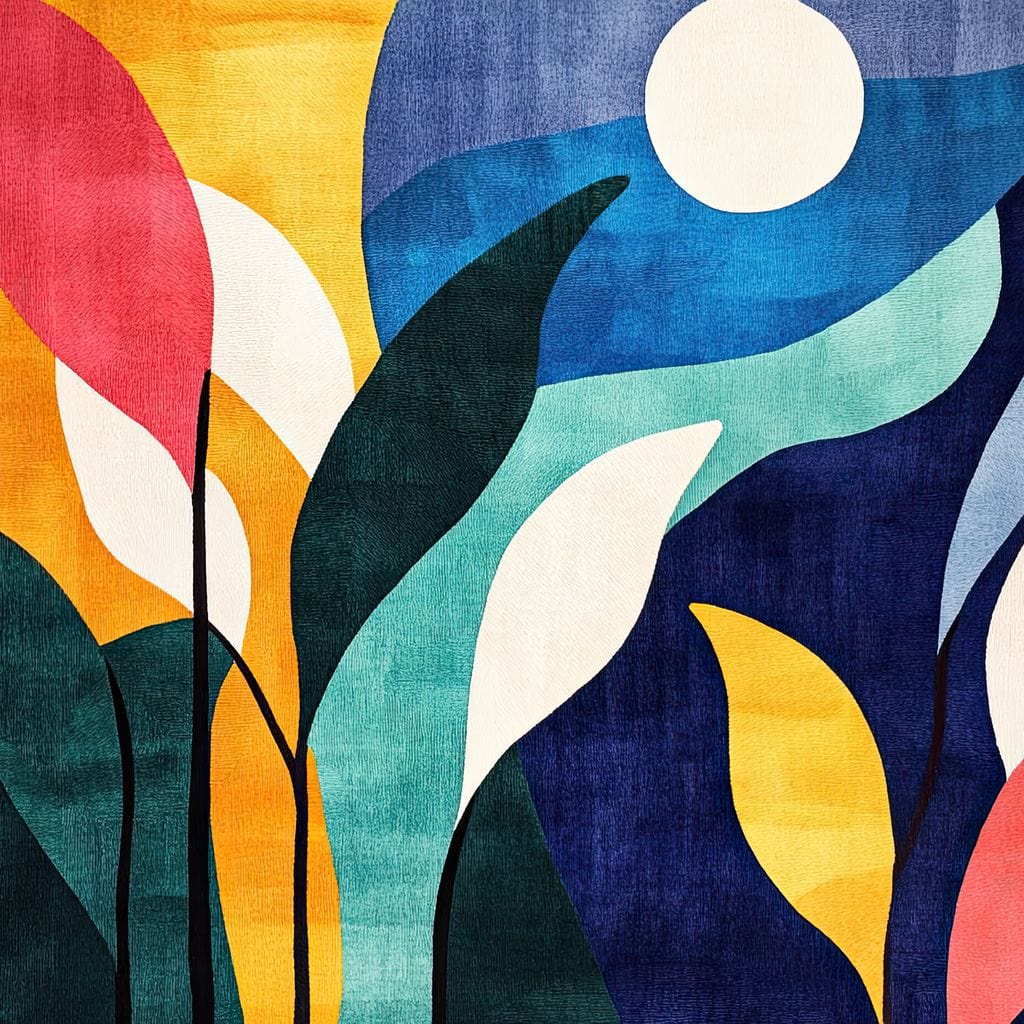 Tablou Canvas Premium, LuxCanva® J1009, Sub Lumina Lunii, Noapte, Tropicala, Gradina, Culori, Albastru, Ecosistem, Cromatic, Peisaj, Luna, Soare, Living, Dormitor