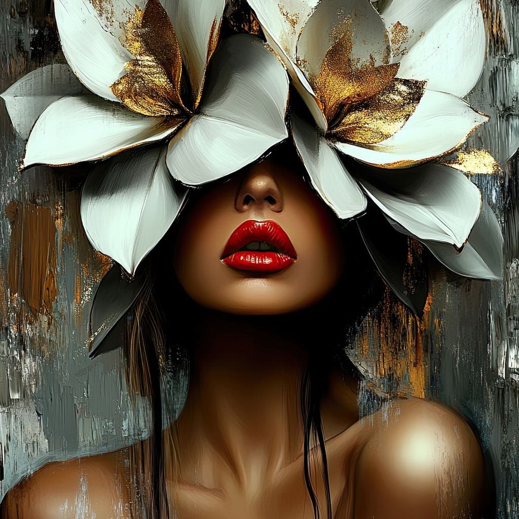 Tablou Canvas Premium, LuxCanva® G1186, Sub Corola Visului, Auriu, Rosu, Feminitate, Gratie, Mister, Floral, Senzualitate, Exotic, Petale, Oniric, Renastere, Vis, Birou, Living, Dormitor