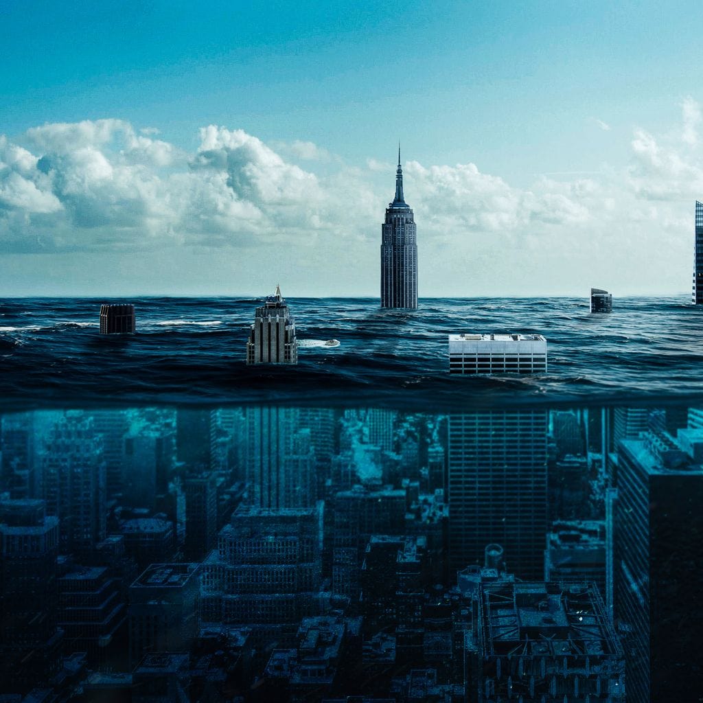 Tablou Canvas Premium, LuxCanva® O1060, Scufundarea Metropolei, Oras, Inecat, Ocean, Adancuri, Colaps, Valuri, Ruina, Eternitate, Abis, Fragil, Apus, New York, Cladiri, Ocean, Birou, Living, Dormitor