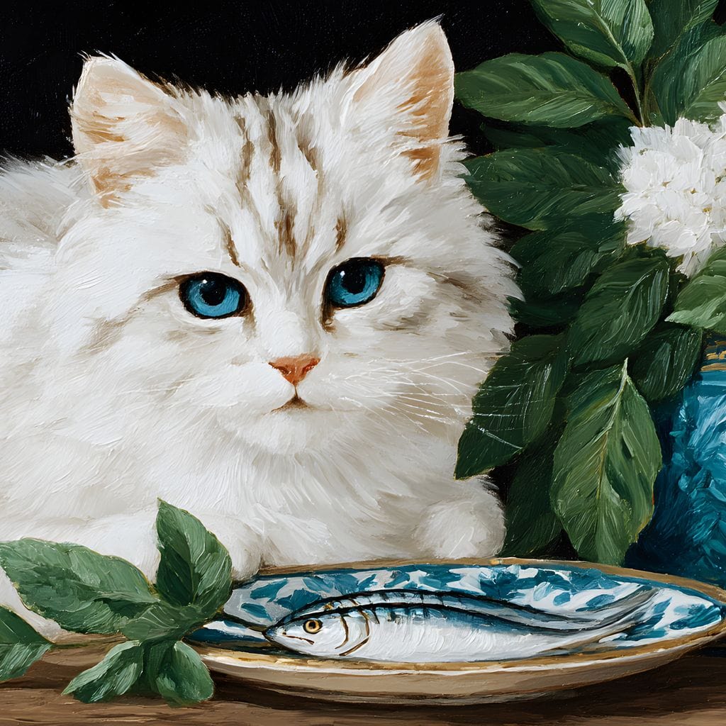 tablou canvas cu o pisica alba pe o masa de lemn, langa o vaza albastra cu flori albe si o farfurie din ceramica cu peste