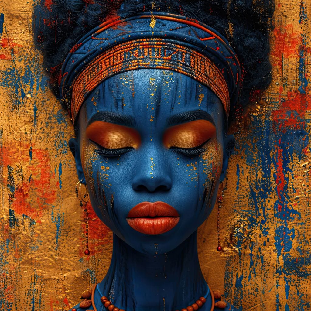 Tablou Canvas Premium LuxCanva® G1013, Frumusete Etnica , Albastru, Aur, Azur, Tribal, Feminism, Printesa, Living, Dormitor, Culori vibrante