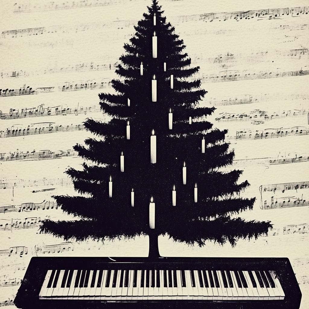 Tablou Canvas Premium LuxCanva® D1017, Bradul de pe Pian , Brad, Abstract, Negru, Pian, Clape, Living Room, Culori vibrante