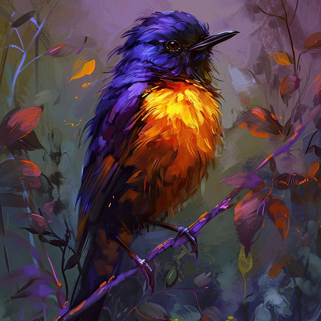 tablou canvas cu o pasare colorata in nuante vibrante, pe o ramura cu frunze multicolore