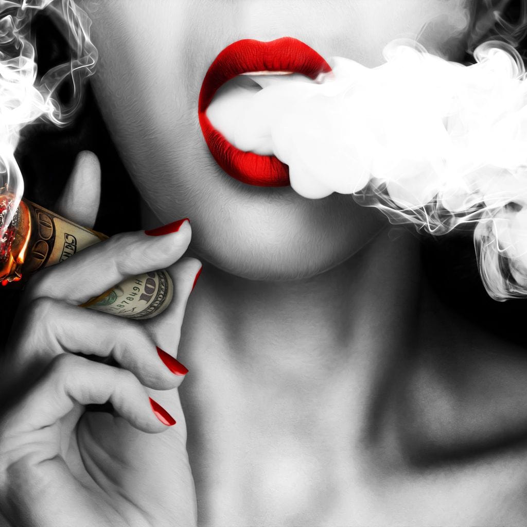 Tablou Canvas Premium LuxCanva® G1028, Bani, Fum si Dorinta ,  Bani, Extravagant, Fum, Buze, Tigara, Interzis, Seductie, Rosii, Living, Dormitor
