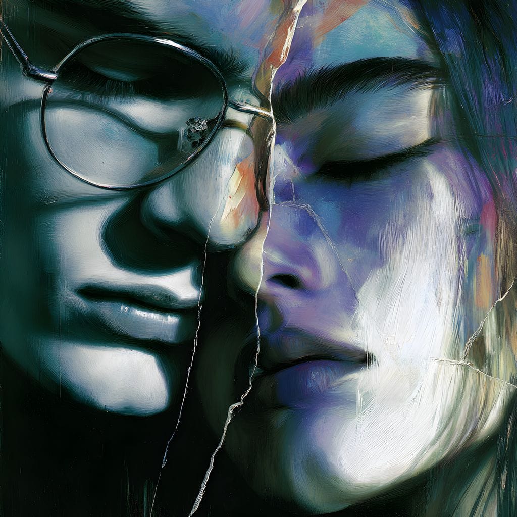 Tablou Canvas Premium, LuxCanva® G1242, Tacerea Dintre Noi, Cioburi, Rupt, Intreg, Iubire, El, Ea, Ochelari, Tacere, Atingeri, Dor, Unire, Fragilitate, Chipuri, Noi, Suflet, Cuplu, Salon, Living, Dormitor