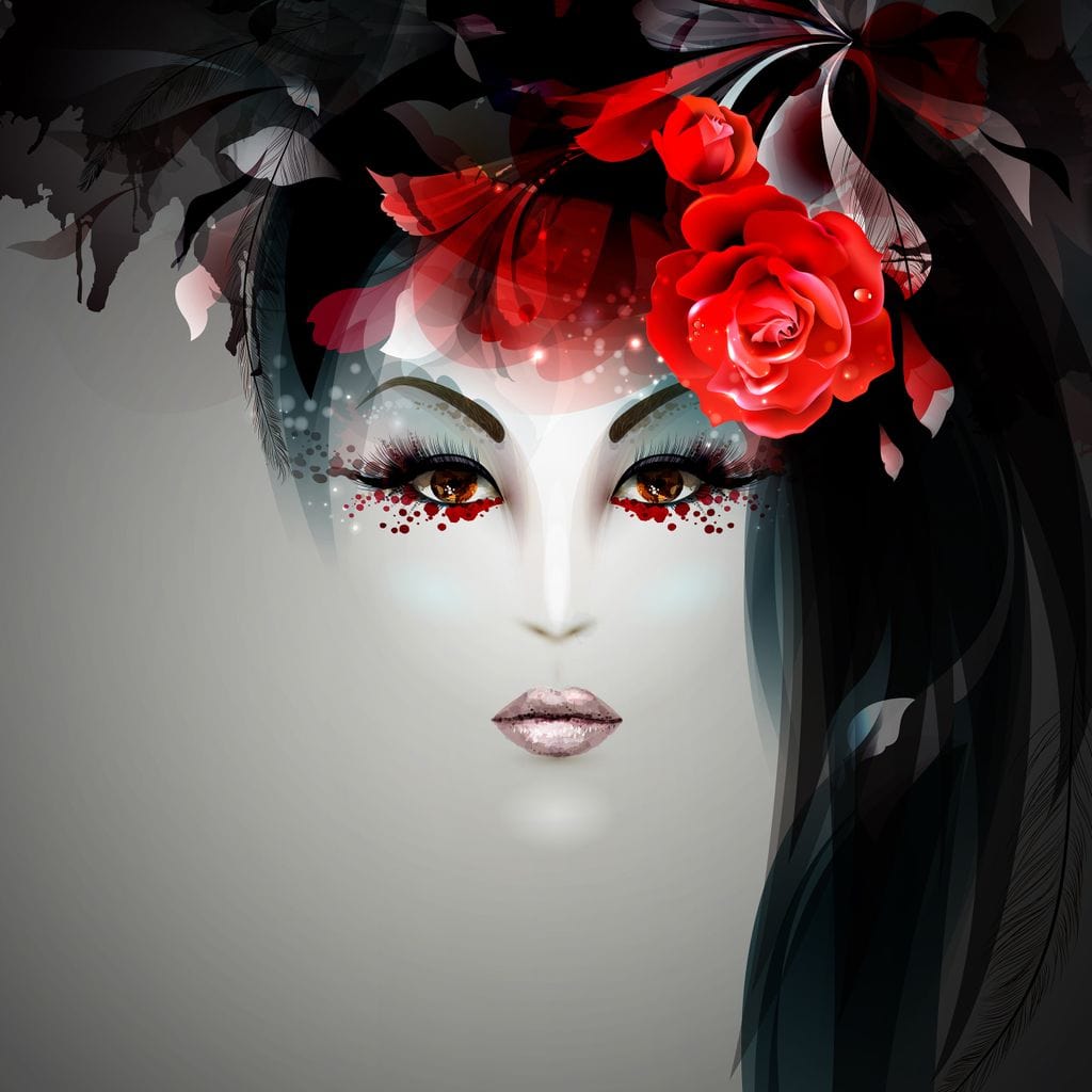 Tablou Canvas Premium LuxCanva® G1072, Taina Petalelor , Pictura, Trandafiri, Rosii, Mistic, Flori, Machiaj, Privire, Magie, Salon, Beauty, Living, Dormitor