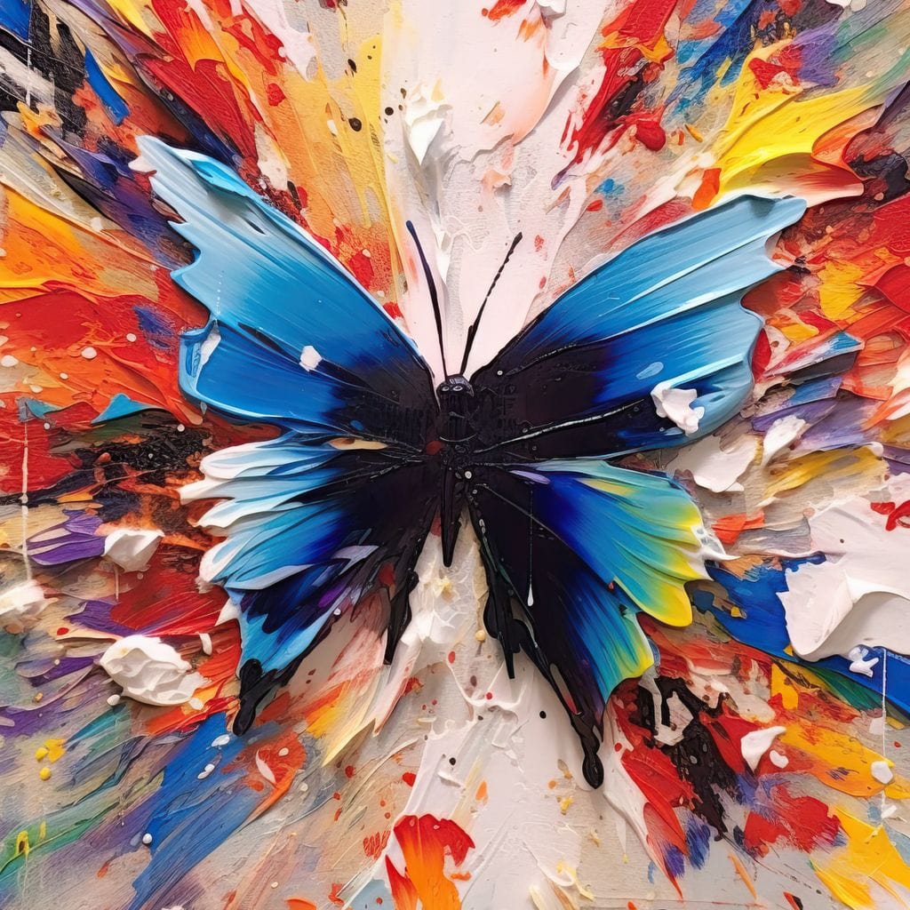 tablou canvas cu un fluture albastru centrat intr-o explozie de culori vii pe fundal alb texturat