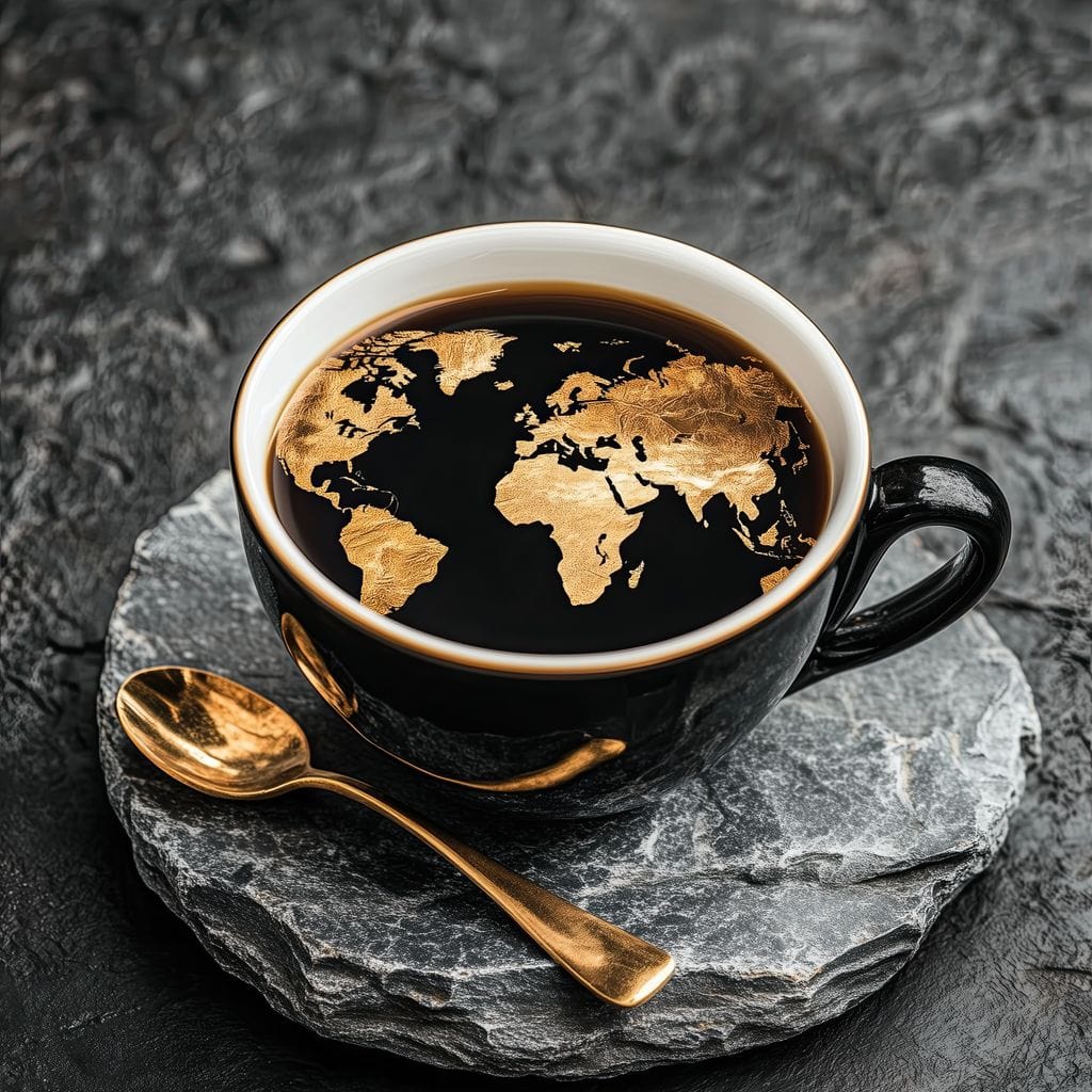 tablou canvas cu harta lumii in nuante aurii, intr-o ceasca cu cafea neagra, alaturi de o lingurita de aur, pe fundal texturat de piatra