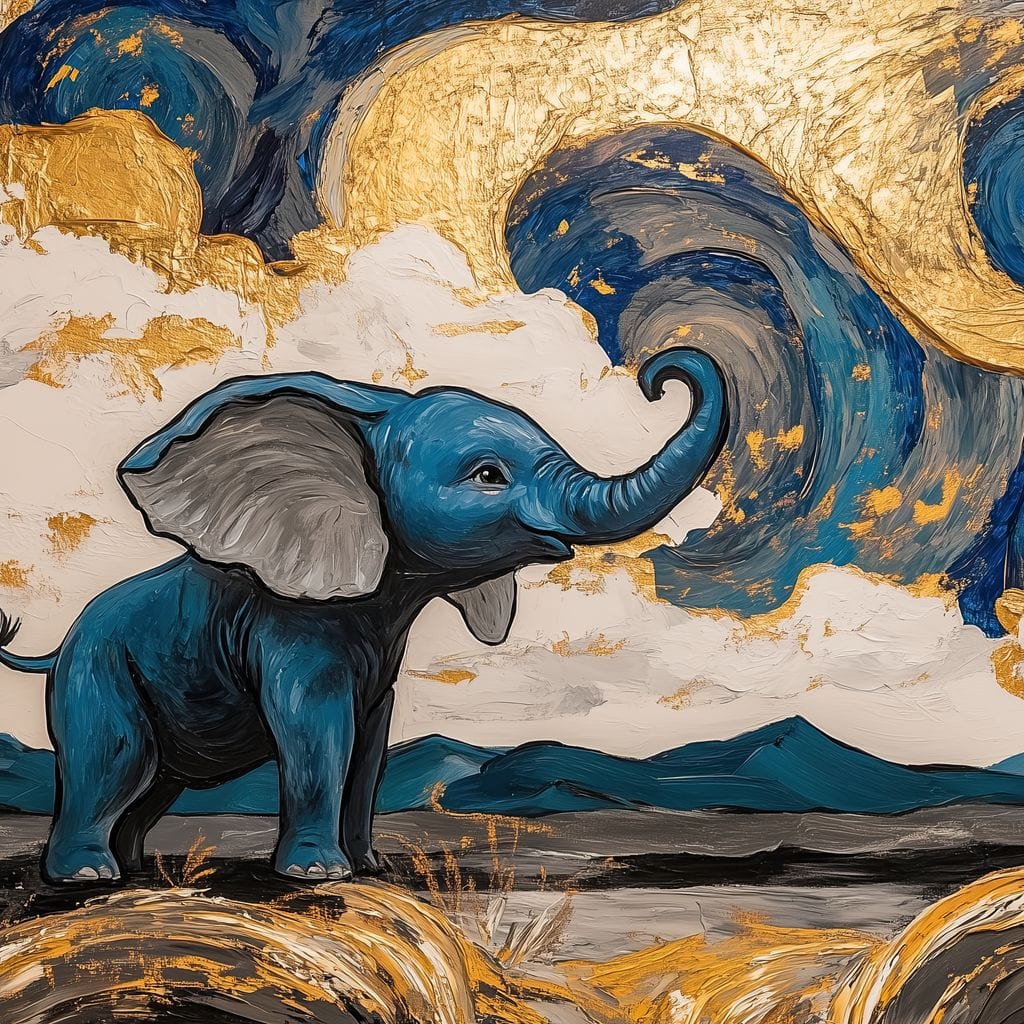 Tablou Canvas Premium, LuxCanva® M1314, Taramul Sclipirilor, Auriu, Valuri, Trompa, Oniric, Elefantel, Pictat, Vis, Dragalas, Magic, Arta Abstracta, Birou, Living, Camera Copil