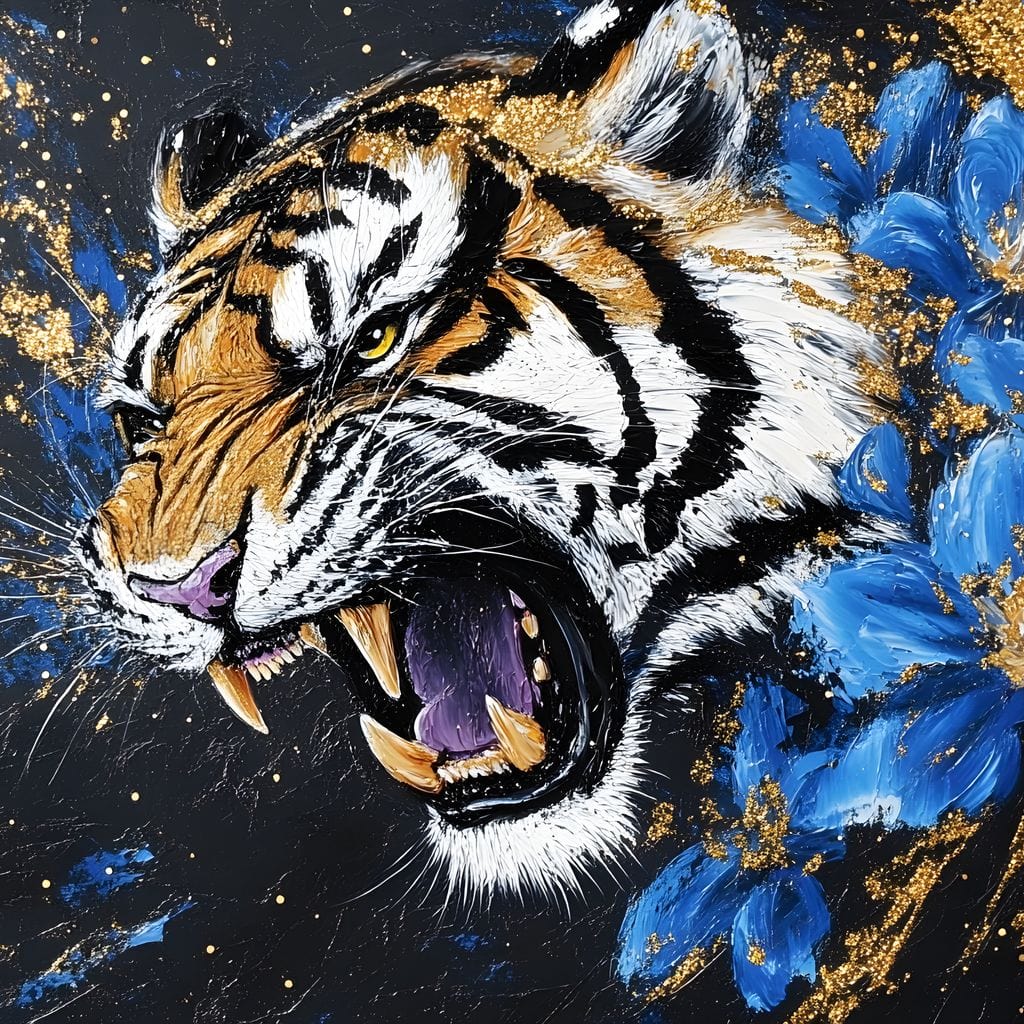 tablou canvas cu un tigru fioros, inconjurat de flori albastre, pe fundal intunecat cu accente aurii si albastre
