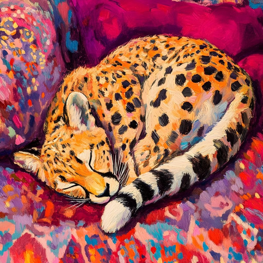 tablou canvas cu un ghepard adormit, pe o canapea cu paturi in nuante multiple de roz, portocaliu si violet