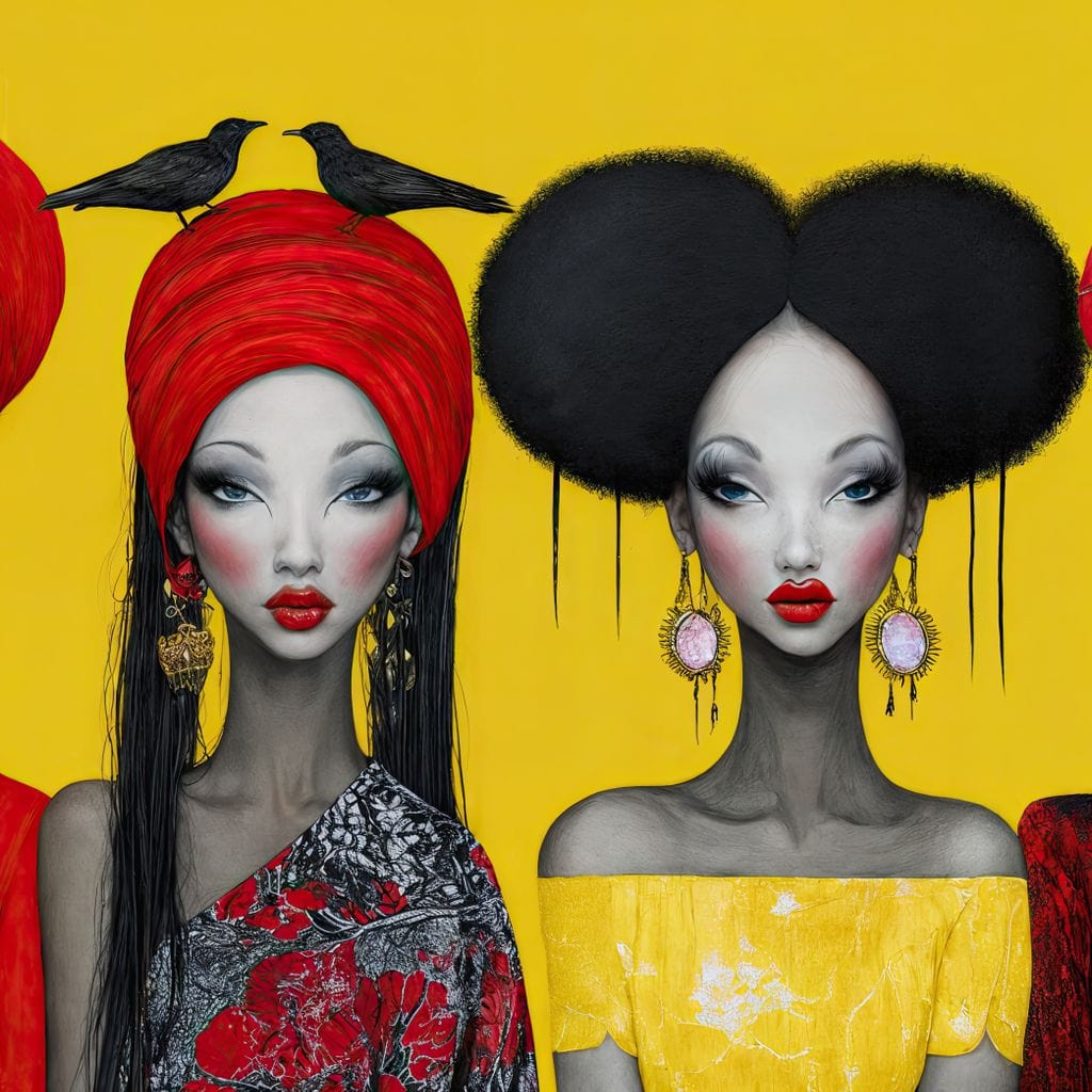 Tablou Canvas Premium, LuxCanva® G1135, Patru Regine si un Cantec, Regalitate, Femei, Pasari, Turbane, Zbor, Traditie, Cultura, Identitate, Feminism, Forta, Birou, Living