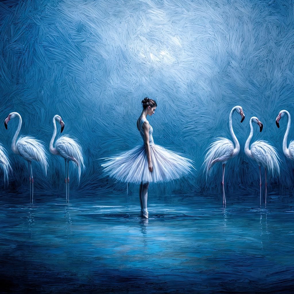 tablou canvas cu o balerina inconjurata de pasari flamingo pe fundal albastru