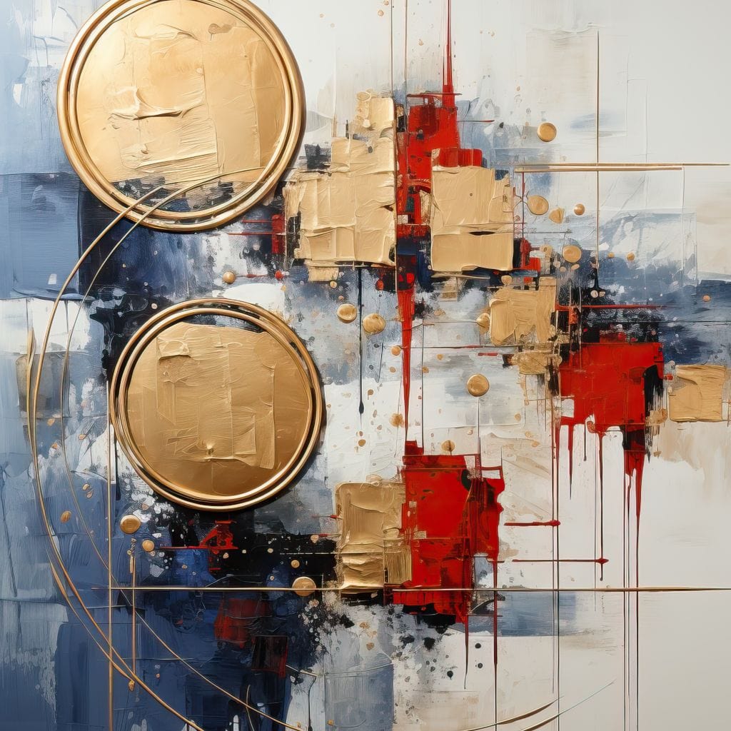 Tablou Canvas Premium, LuxCanva® J1018, Alchimie Geometrica,  Arta, Abstracta, Cercuri, Auriu, 3D, Orbita, Cobalt, Simbolism, Design, Decoratiune, Magie, Living, Dormitor