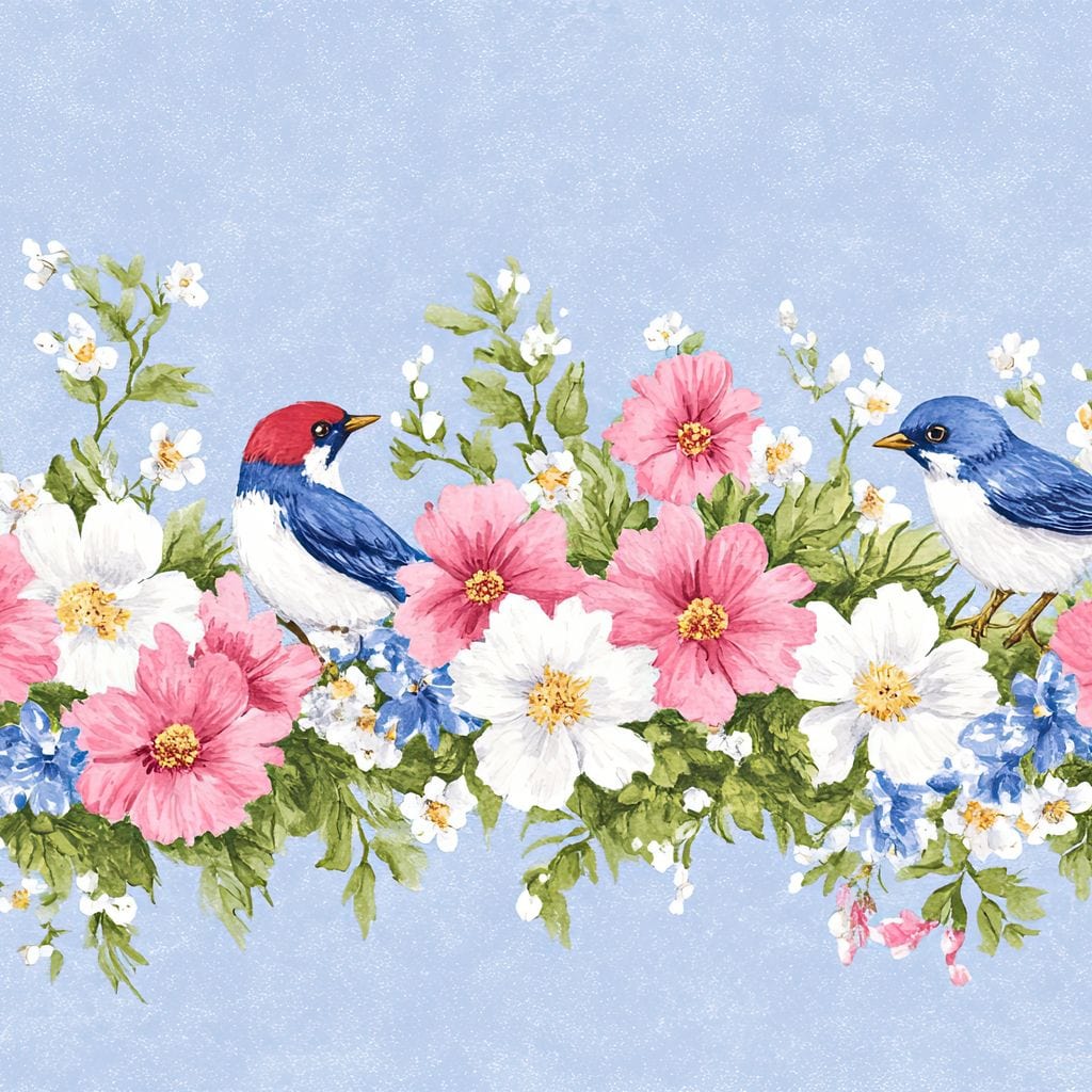 tablou canvas cu doua pasari colorate pe o creanga cu flori roz si albe