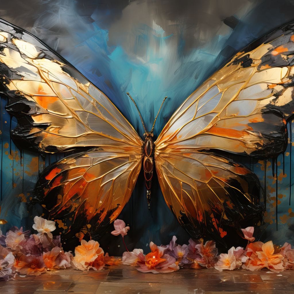 tablou canvas cu un fluture auriu cu aripi conturate in accente de negru si inconjurat de flori colorate, pe fundal albastru fumuriu