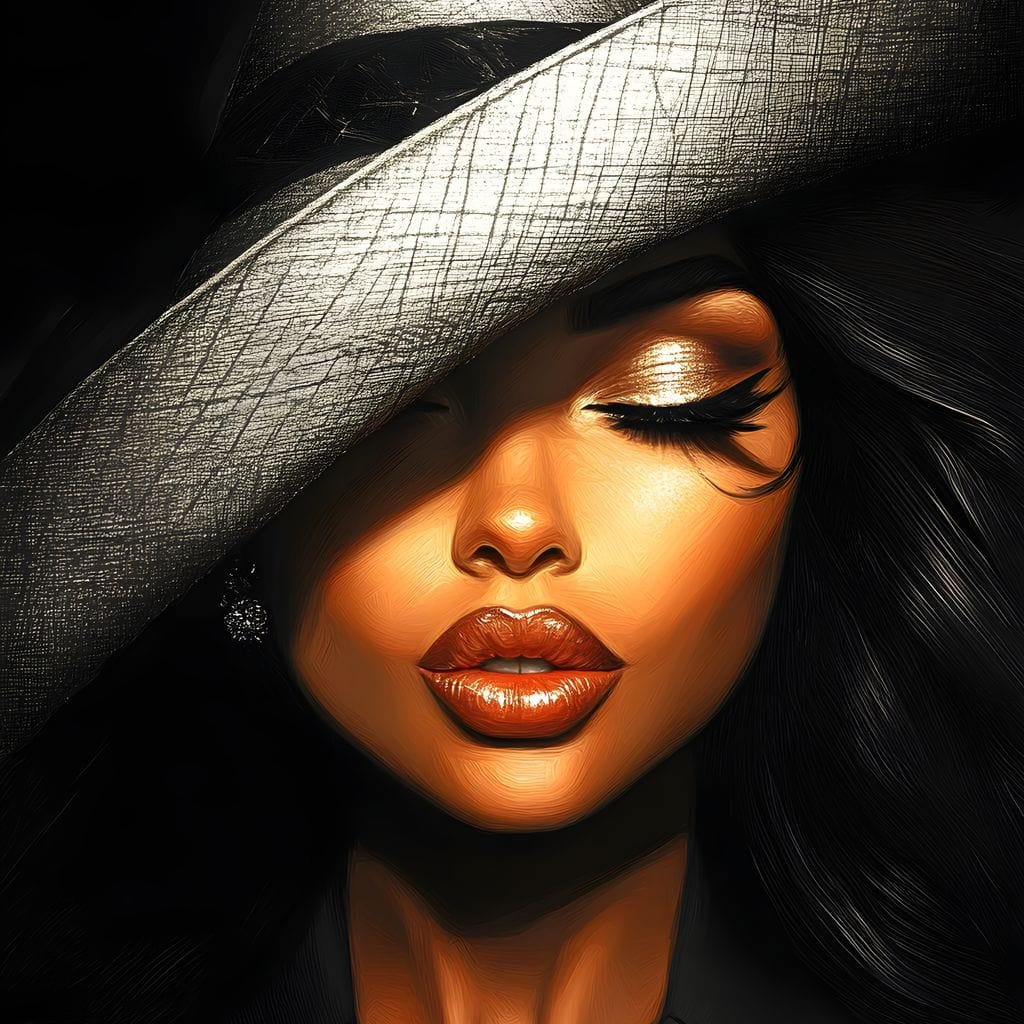 Tablou Canvas Premium, LuxCanva® G1181, Doamna cu Palarie de Argint, Lemn, Eleganta, Glamour, Enigmatica, Noblete, Editorial, Tacere, Arta, Fashion, Sarm, Icon, Chip, Birou, Living, Dormitor