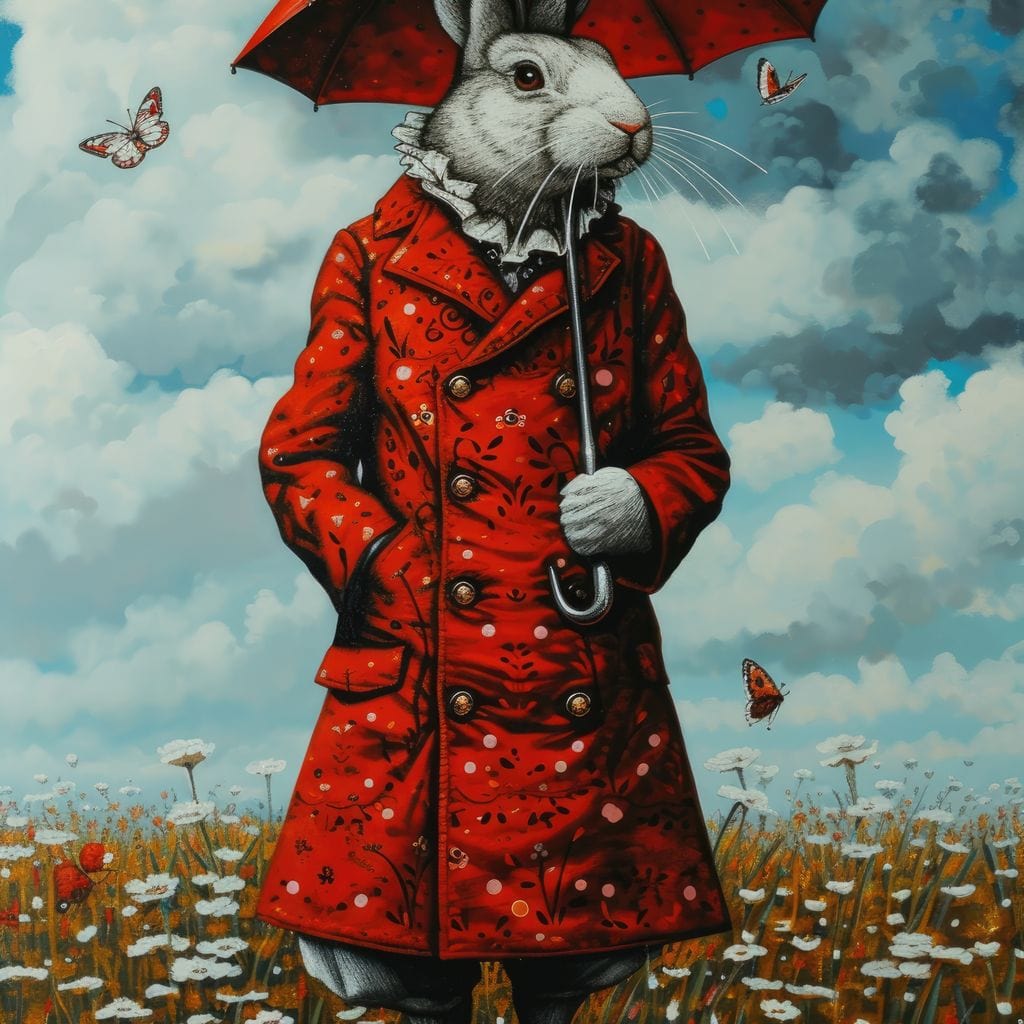 Tablou Canvas Premium, LuxCanva® K1005, Domnul Iepure si Fluturii, Plimbare, Ploaie, Rosu, Umbrela, Flori, Eleganta, Haina, Nasturi, Poveste, Basme, Animat, Camera Copii