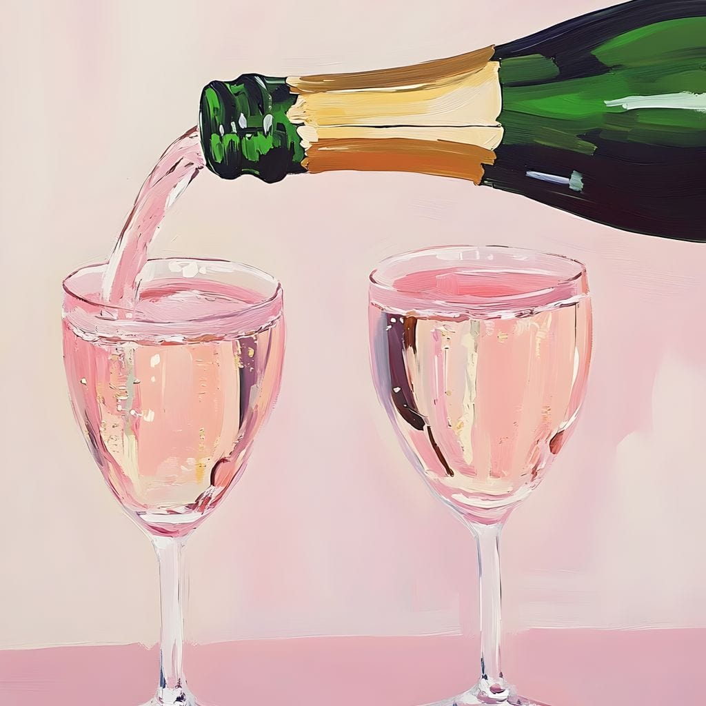 tablou canvas cu o sticla de sampanie, turnand in doua pahare, pe fundal roz pastelat