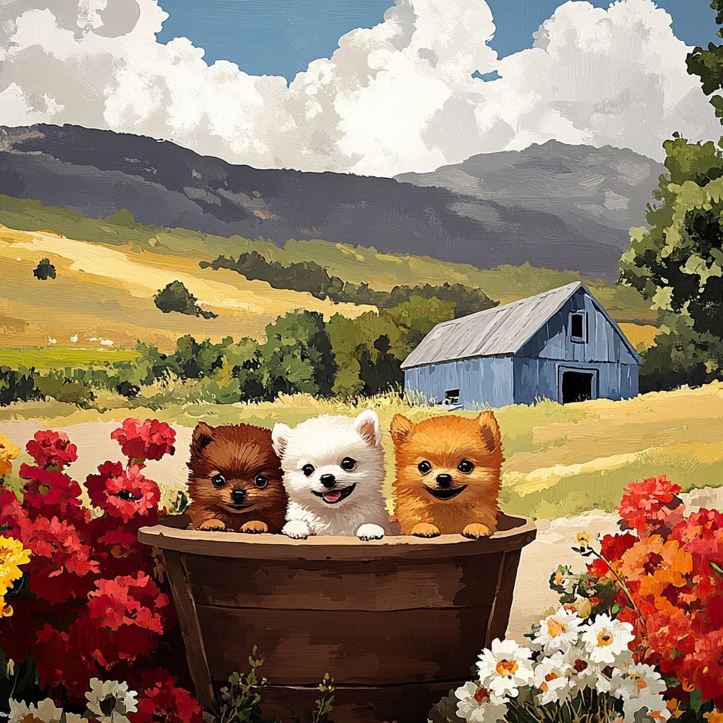 tablou canvas cu trei catelusi intr-un butoias de lemn in mijlocul unei gradini inflorite, pe fundal de dealuri aurii si un hambar albastru