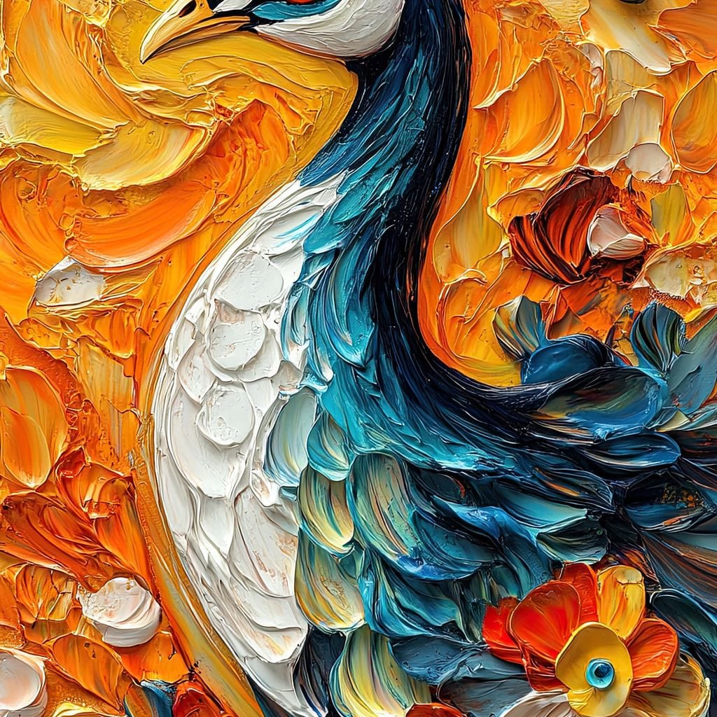 tablou canvas cu un paun elegant printre flori, pe fundal texturat galben si portocaliu